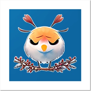 Cute Bird on the snowy branch Posters and Art